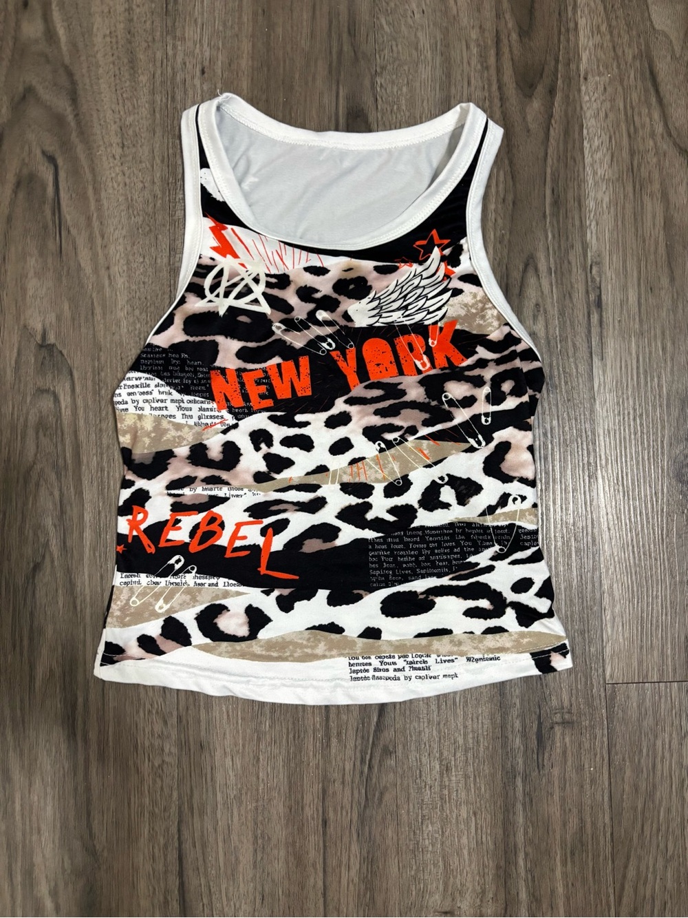 Graphic Leopard Print 'New York Rebel' Tank Top - White/Black/Beige